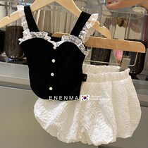 Korean childrens clothing 2021 summer new girls foreign style set childrens black vest loose flower braces two-piece suit