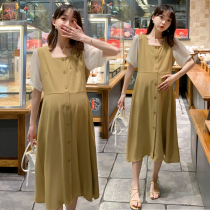 Pregnant womens dress long skirt V-neck pleated skirt maternity dress spring and autumn large size belly does not show long skirt