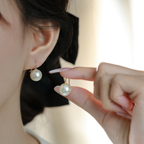 Shijia pearl earrings female pure silver French style advanced sensation light extravagant retro-round earrings with lukewarm wind ear hook