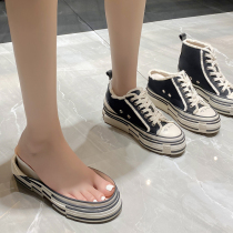 Wu Jianhao Tongan Beggar Shoes Thick bottom canvas heightening 8cm Xia and half towing 33 yards Genuine Leather Small womens shoes