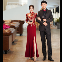 Chinese toast bridal qipao 2021 new advanced senses wedding engagement wine red summer long tuxedo woman
