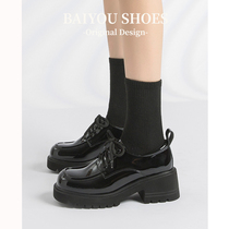 Thick-soled small leather shoes womens spring and autumn 2022 new British style lace-up patent leather square toe thick heels increased jk leather shoes