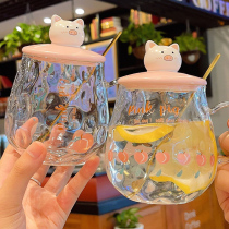 Glass ins Wind Korean cute girl heart Office Home breakfast cup with lid spoon personality creative with handle