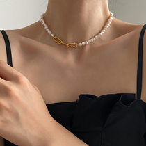 DOUDOUSTORE high quality near round natural freshwater pearl necklace womens design sense stacked neck chain collarbone chain