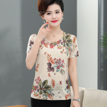 Mom summer short-sleeved t-shirt womens counter ice silk printing middle-aged silk mulberry silk big-name clothes