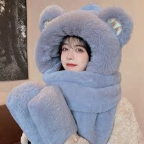 Cute bear ear hat children 2021 Winter New thick warm plush gloves scarf one-piece three-piece set