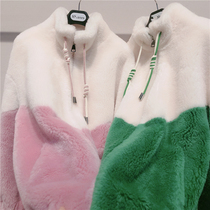European station sweet pink fur coat 2021 Winter new thin real lamb wool composite fur one female