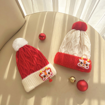 Tiger head New Year childrens hat winter pullover thick plus velvet men and women baby warm knitted windproof wool hat