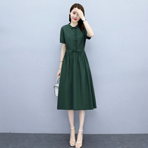 Hangzhou four seasons green Suzhou and Hangzhou womens clothing 2021 summer new waist thin cotton and linen dress large size shirt skirt