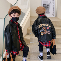 BB childrens clothing boy leather clothing 2021 spring and autumn clothing new middle and big childrens lapel locomotive clothing jacket Puskin tide tide