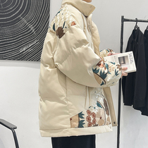 Embroidered collar cotton-padded men's Hong Kong style chic retro loose tide brand printed bread clothing super fire down cotton-padded jacket coat