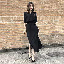 Xiaoxiang gentle wind black chiffon dress 2021 spring and summer new elastic waist waist Hepburn style mid-length skirt female