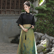 New Chinese-style tops with thousands of miles of rivers and mountains map horse face skirt suit womens summer daily half-length skirt national style improved Hanfu