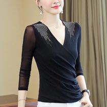 Autumn and winter national standard modern ballroom dance slim V-neck stretch long sleeve Latin dance mesh women's coat square dance suit