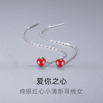 2022 New Tide Ear Line Womens Pure Silver Red Heart Ear Nail Ear Accessories Advanced Sensual Red Burst long Temperament Gift