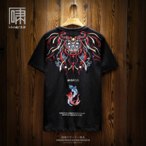 Tide Card Short Sleeve Country Tide China Wind Carp Embroidery Short Sleeve T-shirt Male folk Tide Male folk Compassionate Half Sleeve