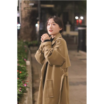 2021 autumn and winter long loose woolen coat female Hepburn wind over the knee thin solid color temperament woolen coat