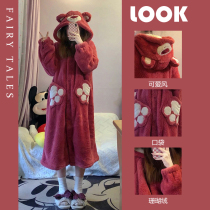 Cute strawberry bear pajamas women 2021 new winter net red padded flannel nightgown long nightgown dress