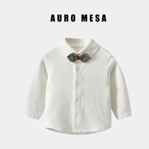 AuroMesa baby long sleeve shirt handsome male baby collar tie small positive too gentleman hit bottom shirt white cotton