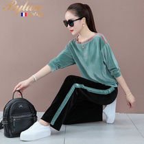  Sportswear suit womens autumn new fashion gold velvet western style large size loose thin temperament casual clothes sweater