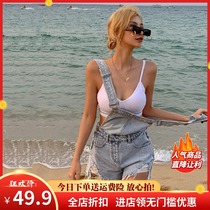  Net red ripped denim strap shorts womens summer loose high waist thin wide leg hot pants student suspenders one-piece pants