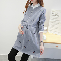 2021 autumn maternity dress long sleeve shirt dress loose pregnant women dress spring and autumn Plaid pregnant women skirt