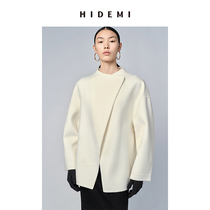 HIDEMI Merino double-sided asymmetric design sense lapel coat Milky White Black