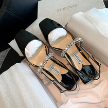 Baotou Mary Rare Shoes Woman Sandals 2022 New Fairy Wind with Buttoned Square Head Water Drill Rear Air Coarse Heel Single Shoes