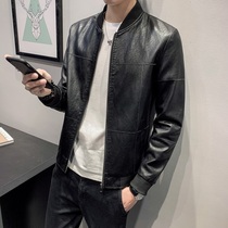 Tide brand 2021 new autumn mens leather casual collar baseball collar coat Korean fashion slim leather jacket