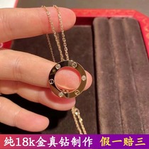 18K gold large round cake full diamond necklace LOVE gold three diamonds large ring diamond pendant rose gold collarbone chain tide