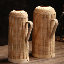 Handmade bamboo woven thermos shell vintage vintage thermos leather tea bottle thermos kettle restaurant boiling water bottle cover set