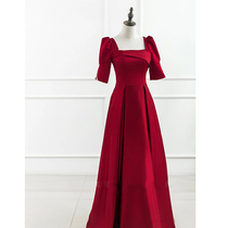 Satin toast dress bride 2021 new summer little man burgundy wedding dress back door engagement female long section