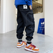 Boys plus velvet pants spring and autumn models 2021 new childrens winter clothing one-piece velvet jeans