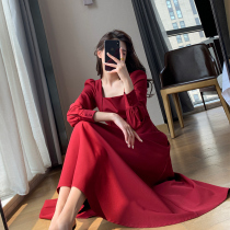FT GUOGE Red Dress Womens 2022 Autumn Dress New Square Neck French Vintage Hepburn Style Long Sleeve Engagement Dress