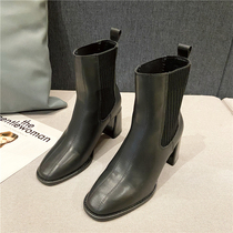 Hong Kong style temperament Chelsea short boots female 2021 Winter Korean version of all-around thin and thick heeled Middle heel high heel Martin boots