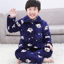 Childrens clip cotton pajamas winter flannel boys warm three-layer plus velvet thickened coral velvet home clothing set