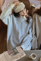 jmwomen ice lake blue checkerboard sweater women loose lazy wind 2021 autumn college style knitted top women
