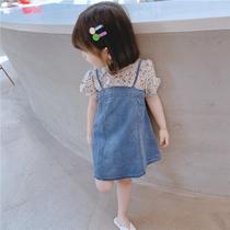 Girls summer 2021 new dress Childrens Short Sleeve Floral princess dress baby Girl swimsuit fashionable denim skirt