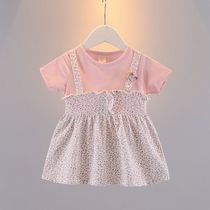 Baby girl short-sleeved floral dress summer new swimsuit Baby childrens princess dress Girls foreign style dress Korean version