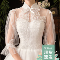 Light wedding dress 2021 New French retro stand collar shoulder long sleeve Super fairy bride thin Hepburn