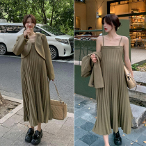 High-grade pregnant womens suit long suspender dress pleated skirt spring and autumn fashion temperament small suit jacket
