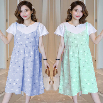 2021 new maternity dress net red summer fake two-piece dress stitching short-sleeved medium-long loose sweet skirt