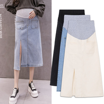Side split pregnant women denim skirt summer thin outer wear spring and autumn medium and long casual all-match bag hip A-line skirt