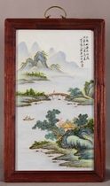 Antique miscellaneous collection Solid wood frame inlaid fine hand-painted pastel landscape Xanadu porcelain plate painting decorative hanging screen