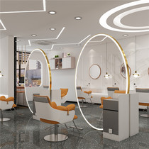 Oval hairdressing mirror double-sided with cabinet single-sided wall multiple light luxury large round mirror simple style with ironing mirror