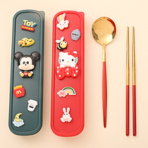 Cute travel stainless steel long handle spoon students go to school with rice spoons chopsticks tableware storage box portable set