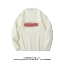 Japanese high-quality milk white round neck long sleeve knitwear ins American simple style bumpy letter couple sweater