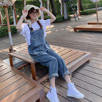 Denim backpack pants womens spring and autumn 2021 new foreign atmosphere age Korean loose high waist slim net red jumpsuit
