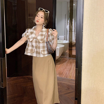 AMLUS2021 summer Korean temperament suit womens plaid top womens high waist back split skirt two-piece set