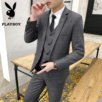 Playboy suit suit mens three-piece Korean version of slim dress dress groom wedding dress business casual suit